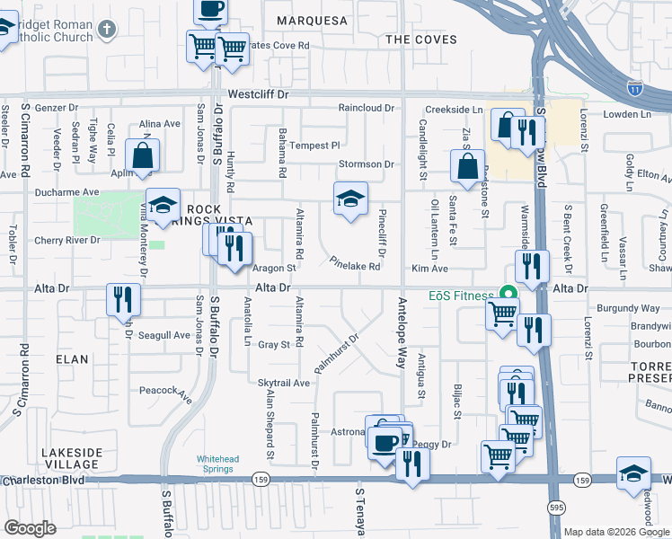 map of restaurants, bars, coffee shops, grocery stores, and more near 7117 Alta Drive in Las Vegas