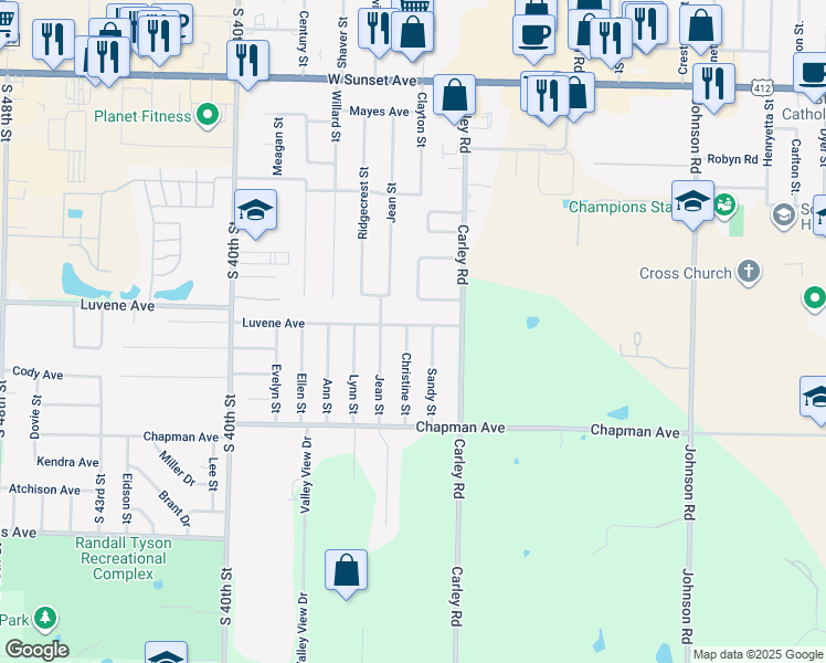 map of restaurants, bars, coffee shops, grocery stores, and more near 2101 Christine Street in Springdale