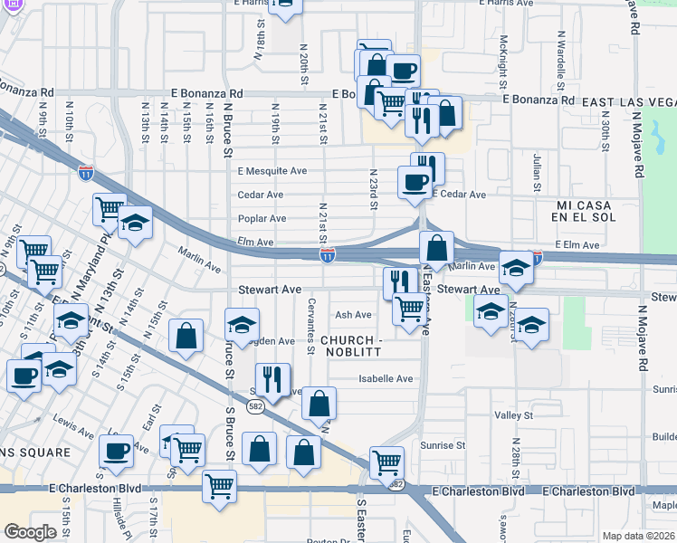 map of restaurants, bars, coffee shops, grocery stores, and more near 2114 Marlin Avenue in Las Vegas