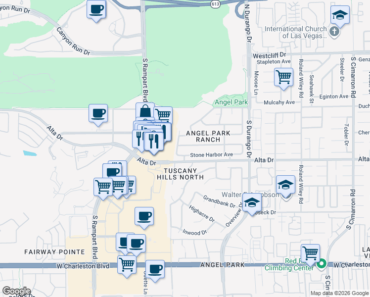 map of restaurants, bars, coffee shops, grocery stores, and more near 8637 Highland View in Las Vegas
