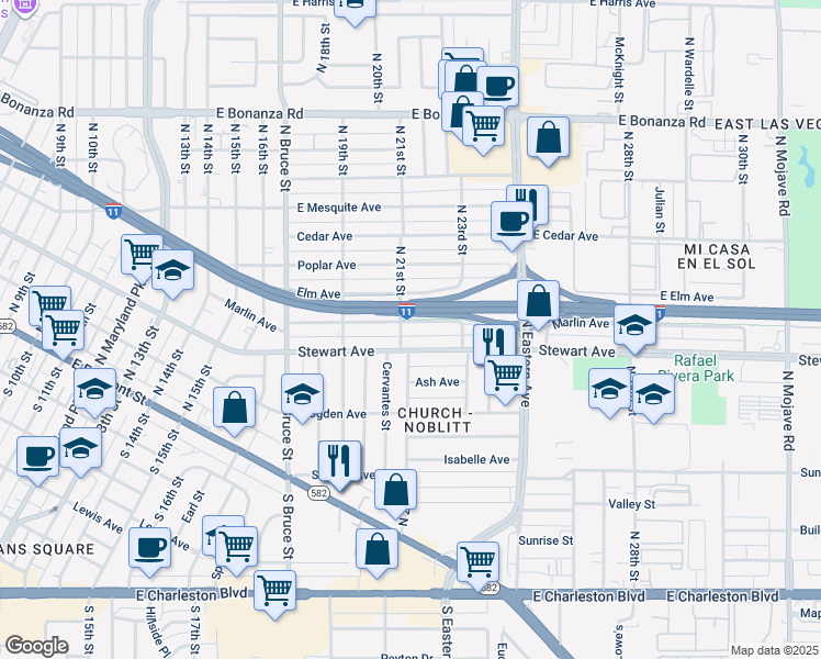 map of restaurants, bars, coffee shops, grocery stores, and more near 2105 Stewart Avenue in Las Vegas