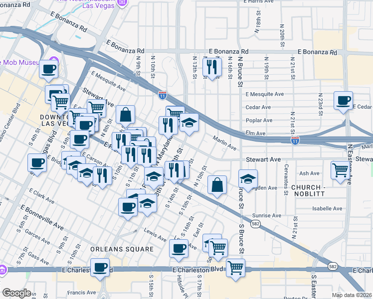 map of restaurants, bars, coffee shops, grocery stores, and more near 211 North 14th Street in Las Vegas