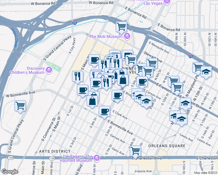 map of restaurants, bars, coffee shops, grocery stores, and more near 365 Lewis Avenue in Las Vegas