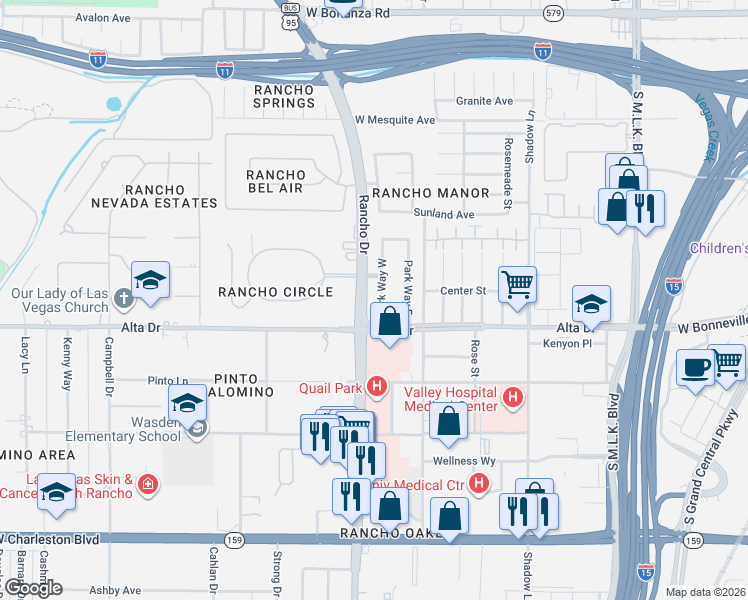 map of restaurants, bars, coffee shops, grocery stores, and more near 531 Park Way West in Las Vegas