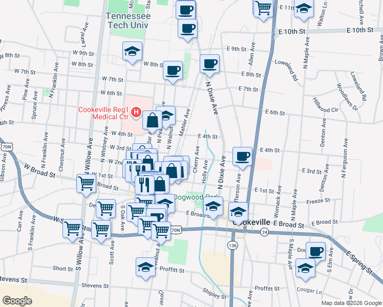 map of restaurants, bars, coffee shops, grocery stores, and more near 130 Poplar Avenue in Cookeville