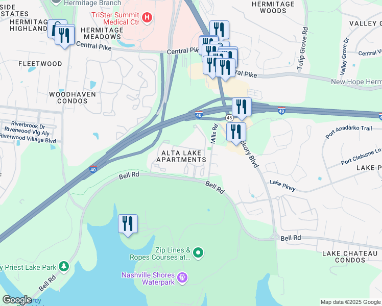map of restaurants, bars, coffee shops, grocery stores, and more near Bell Road in Nashville