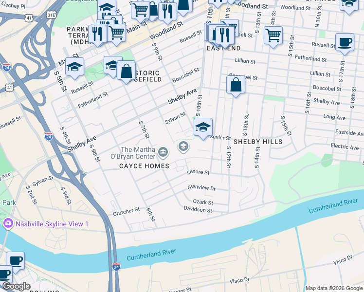 map of restaurants, bars, coffee shops, grocery stores, and more near 664-732 S 8th St in Nashville