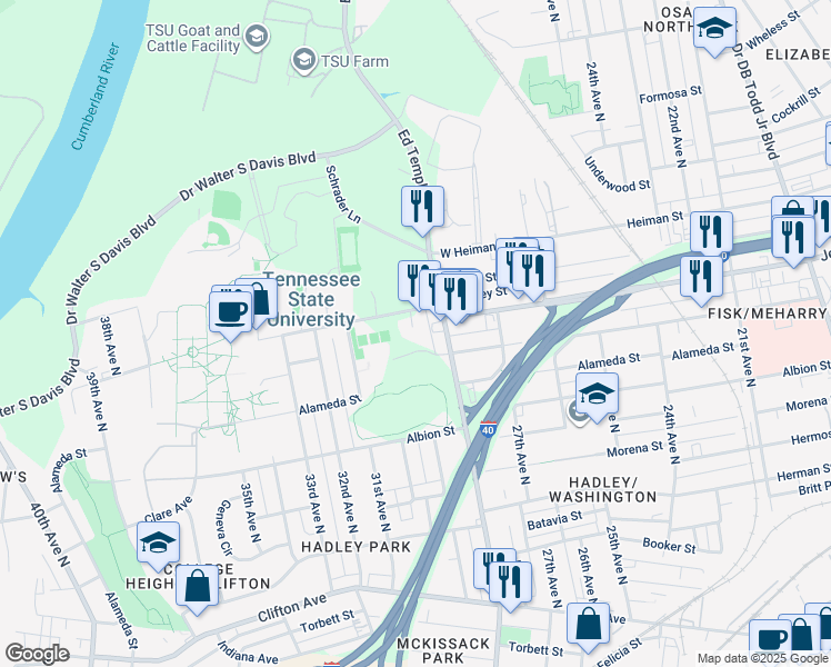 map of restaurants, bars, coffee shops, grocery stores, and more near 2901 John A Merritt Boulevard in Nashville