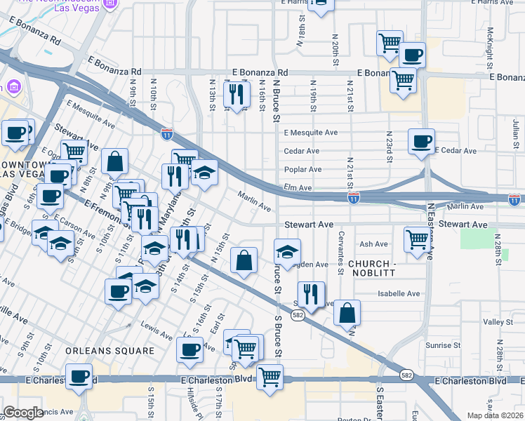 map of restaurants, bars, coffee shops, grocery stores, and more near 320 North 16th Street in Las Vegas