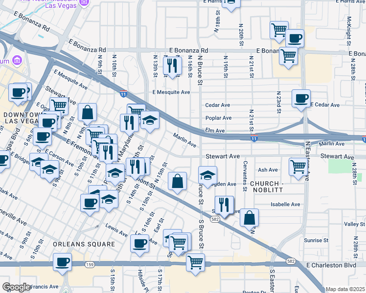 map of restaurants, bars, coffee shops, grocery stores, and more near 311 North 16th Street in Las Vegas