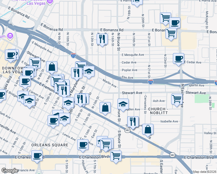 map of restaurants, bars, coffee shops, grocery stores, and more near 311 North 16th Street in Las Vegas