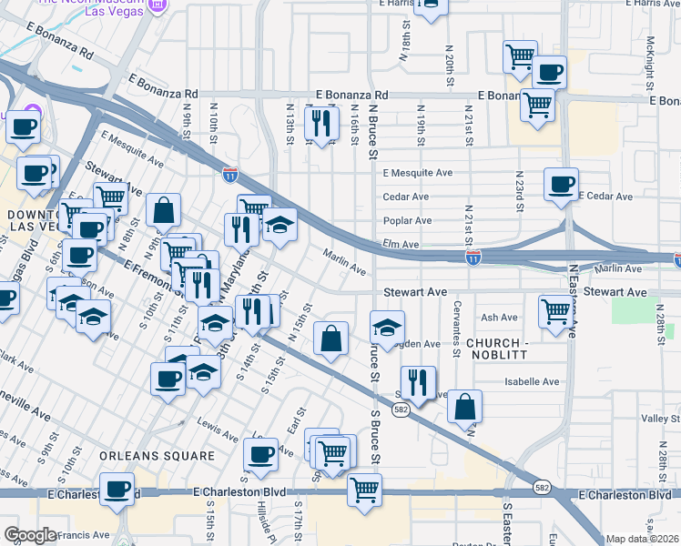 map of restaurants, bars, coffee shops, grocery stores, and more near in Las Vegas