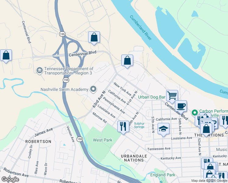 map of restaurants, bars, coffee shops, grocery stores, and more near 6121B California Avenue in Nashville