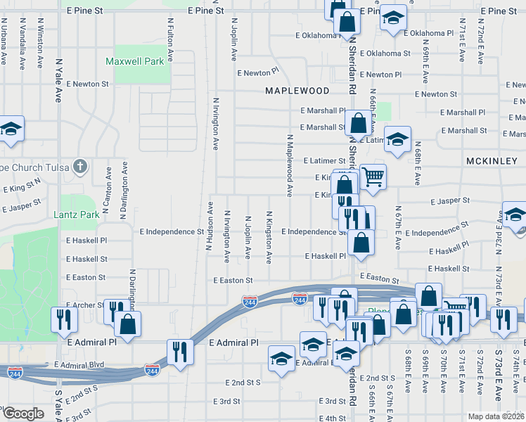 map of restaurants, bars, coffee shops, grocery stores, and more near 808 North Kingston Avenue in Tulsa