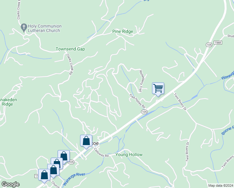 map of restaurants, bars, coffee shops, grocery stores, and more near 460 Peaceful Haven Drive in Boone