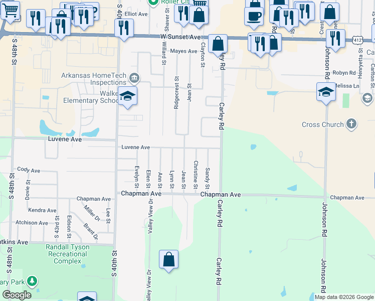 map of restaurants, bars, coffee shops, grocery stores, and more near 2106 Christine Street in Springdale
