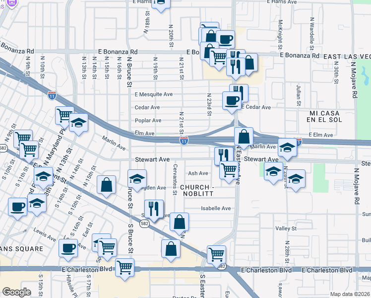 map of restaurants, bars, coffee shops, grocery stores, and more near 2106 Marlin Avenue in Las Vegas