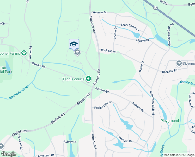 map of restaurants, bars, coffee shops, grocery stores, and more near Transou Road in Pfafftown