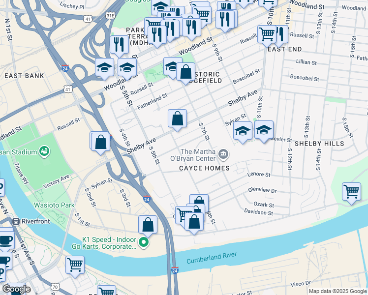 map of restaurants, bars, coffee shops, grocery stores, and more near 610 Sylvan Street in Nashville