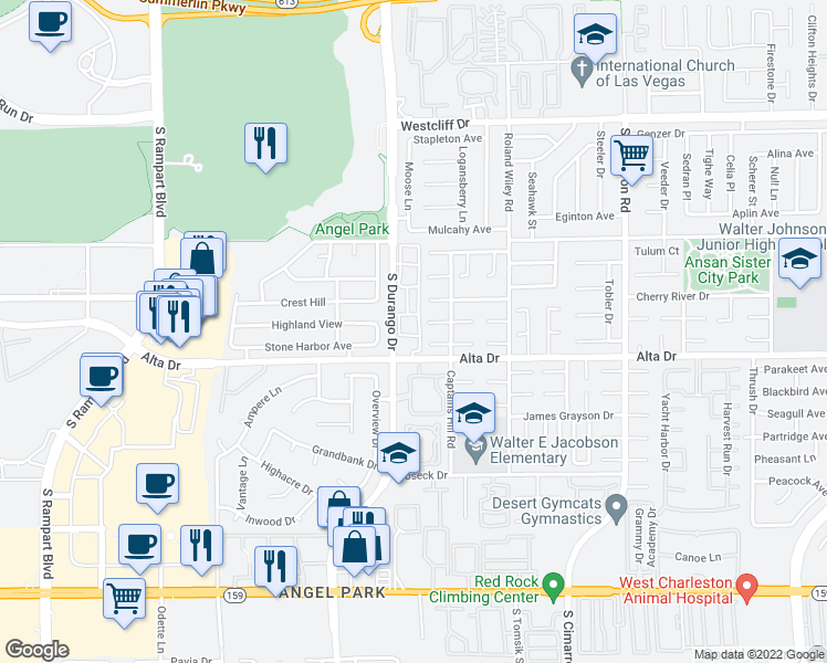 map of restaurants, bars, coffee shops, grocery stores, and more near 8450 Alta Drive in Las Vegas
