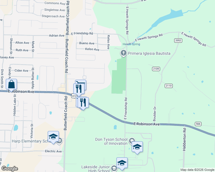 map of restaurants, bars, coffee shops, grocery stores, and more near 1980 East Friendship Road in Springdale