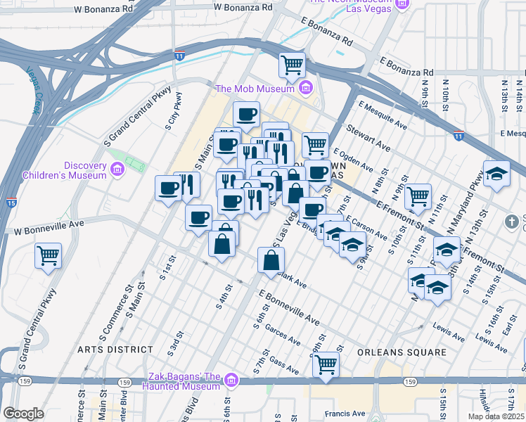 map of restaurants, bars, coffee shops, grocery stores, and more near 365 Lewis Avenue in Las Vegas