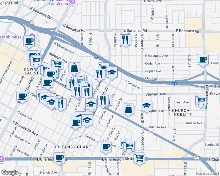 map of restaurants, bars, coffee shops, grocery stores, and more near 211 North 14th Street in Las Vegas