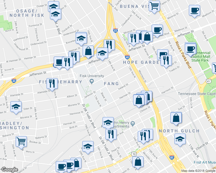 map of restaurants, bars, coffee shops, grocery stores, and more near 1457 Jackson Street in Nashville