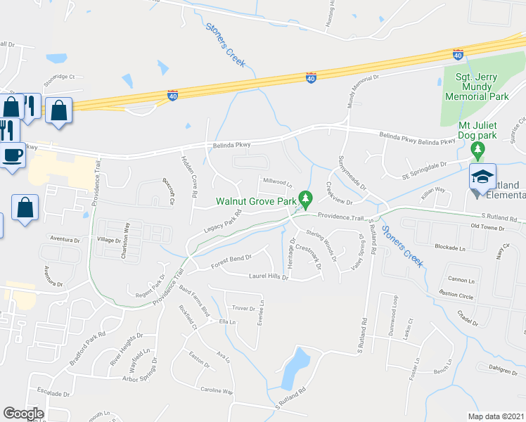 map of restaurants, bars, coffee shops, grocery stores, and more near 1113 Stafford Drive in Mount Juliet