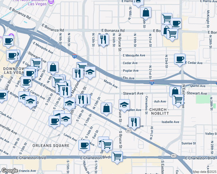 map of restaurants, bars, coffee shops, grocery stores, and more near 311 North 16th Street in Las Vegas