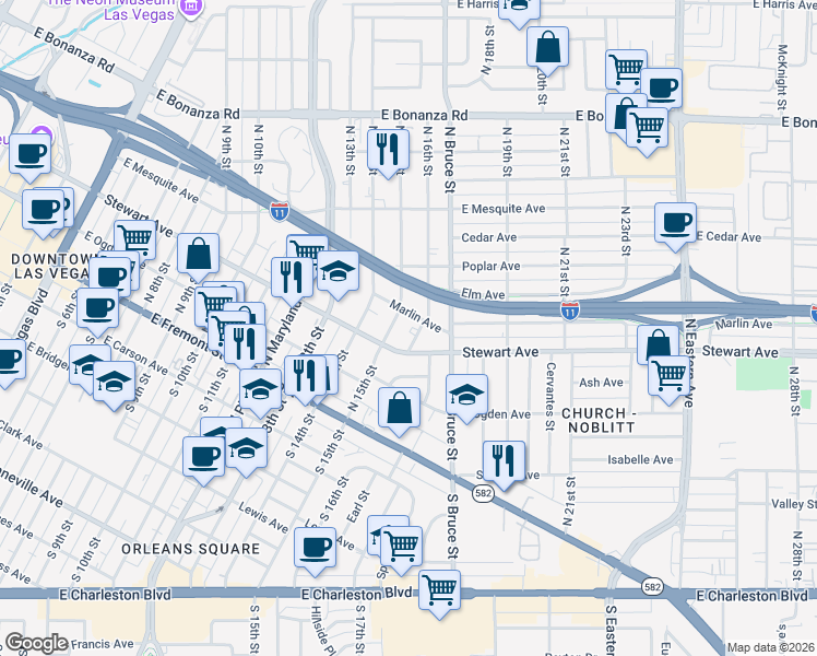 map of restaurants, bars, coffee shops, grocery stores, and more near 311 North 16th Street in Las Vegas