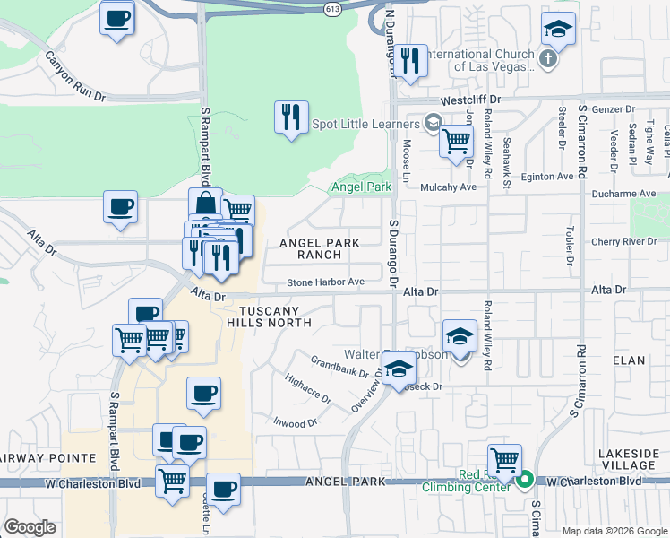 map of restaurants, bars, coffee shops, grocery stores, and more near 8537 Highland View in Las Vegas