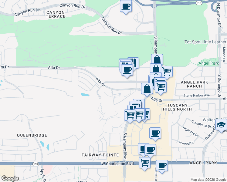 map of restaurants, bars, coffee shops, grocery stores, and more near 9090 Alta Drive in Las Vegas