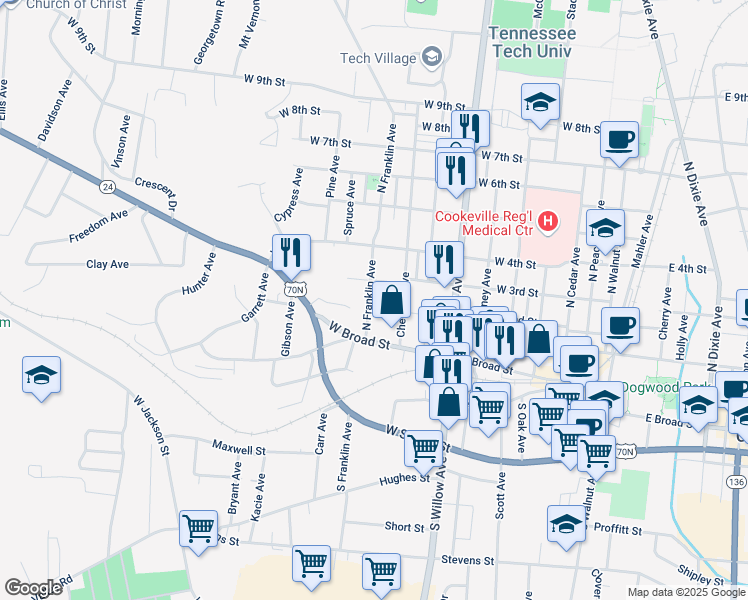 map of restaurants, bars, coffee shops, grocery stores, and more near 131 North Franklin Avenue in Cookeville