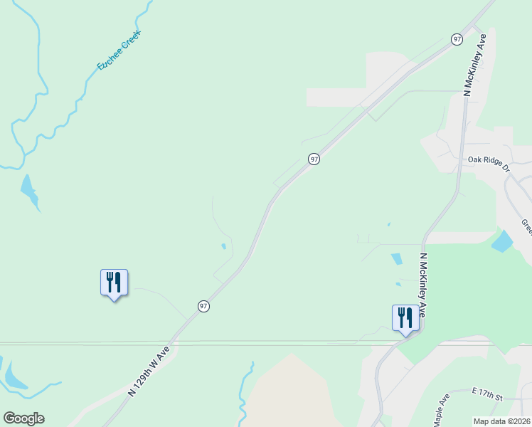 map of restaurants, bars, coffee shops, grocery stores, and more near Oklahoma 97 in Sand Springs