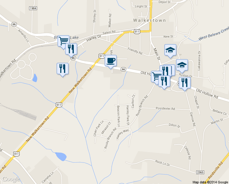 map of restaurants, bars, coffee shops, grocery stores, and more near 4780 Beacon Park Lane in Walkertown