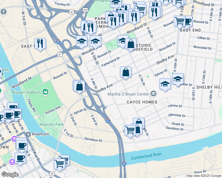 map of restaurants, bars, coffee shops, grocery stores, and more near 500 Shelby Avenue in Nashville
