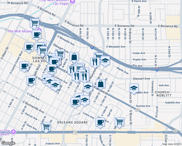 map of restaurants, bars, coffee shops, grocery stores, and more near 1116 East Ogden Avenue in Las Vegas