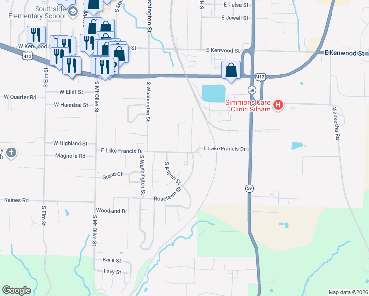 map of restaurants, bars, coffee shops, grocery stores, and more near 801 East Lake Francis Drive in Siloam Springs