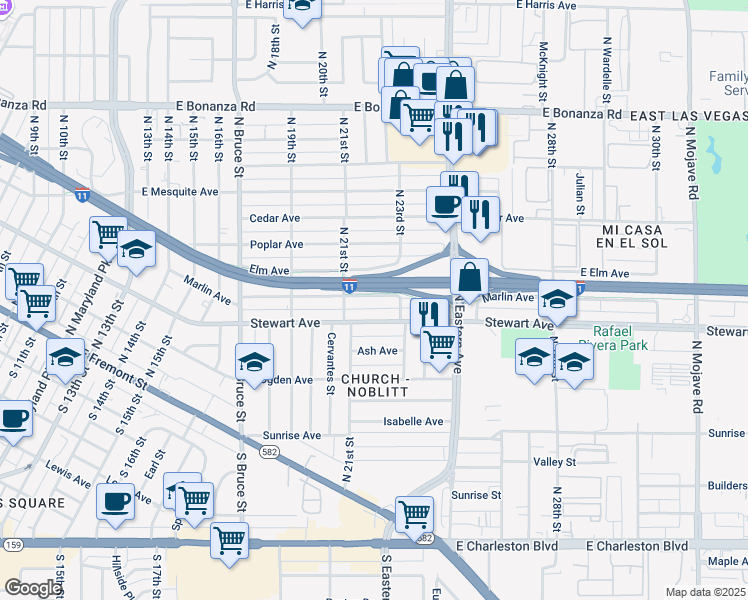 map of restaurants, bars, coffee shops, grocery stores, and more near 2215 Elm Avenue in Las Vegas
