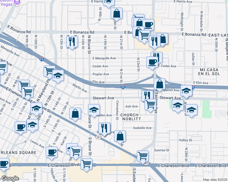 map of restaurants, bars, coffee shops, grocery stores, and more near 1917 Elm Avenue in Las Vegas