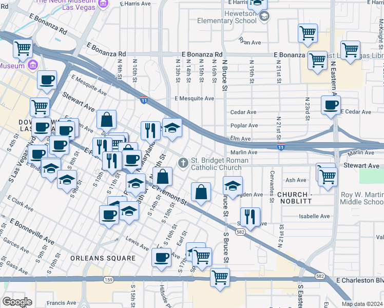 map of restaurants, bars, coffee shops, grocery stores, and more near 330 North 14th Street in Las Vegas