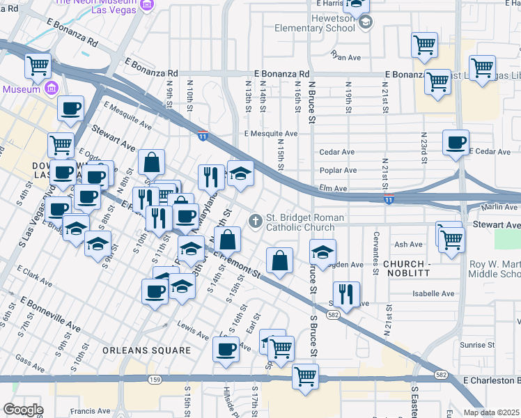 map of restaurants, bars, coffee shops, grocery stores, and more near 304 North 14th Street in Las Vegas