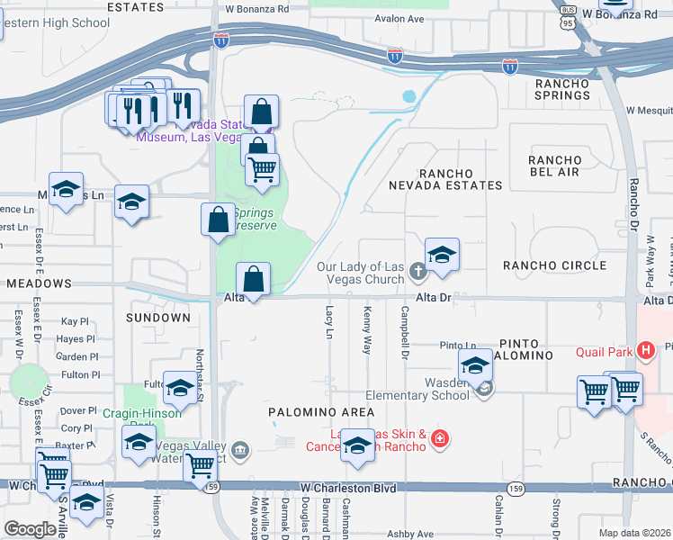 map of restaurants, bars, coffee shops, grocery stores, and more near 313 Lacy Lane in Las Vegas