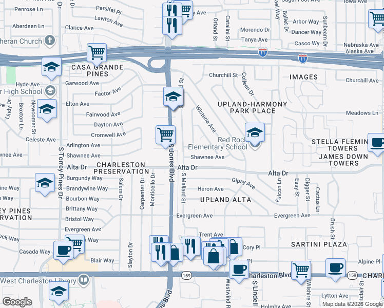 map of restaurants, bars, coffee shops, grocery stores, and more near 352 South Mallard Street in Las Vegas