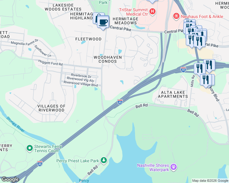 map of restaurants, bars, coffee shops, grocery stores, and more near 1800 Oakwell Farms Lane in Nashville