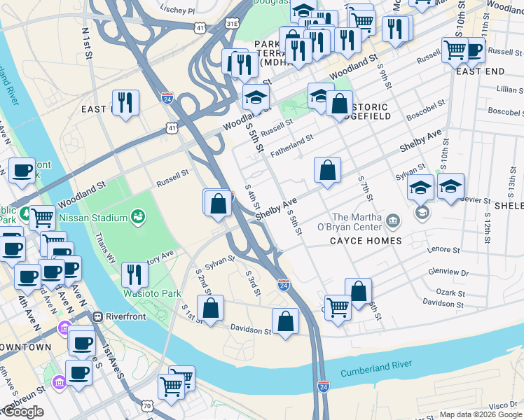 map of restaurants, bars, coffee shops, grocery stores, and more near 319 South 4th Street in Nashville