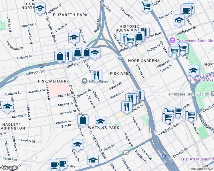 map of restaurants, bars, coffee shops, grocery stores, and more near in Nashville