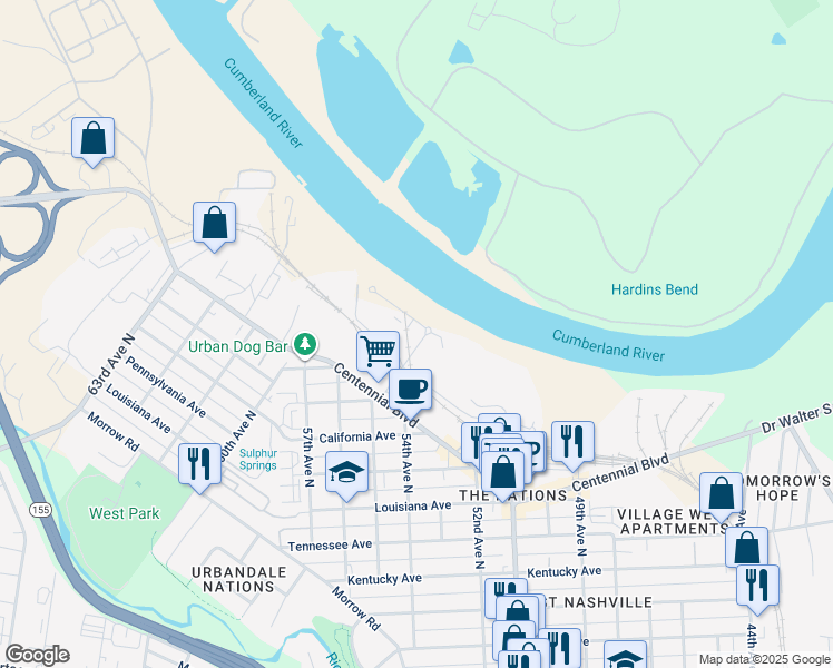 map of restaurants, bars, coffee shops, grocery stores, and more near 1638 54th Avenue North in Nashville