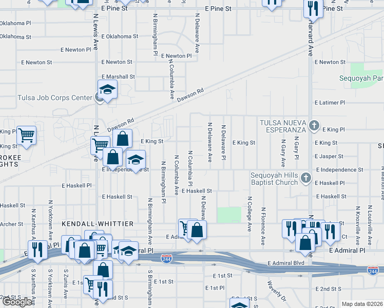 map of restaurants, bars, coffee shops, grocery stores, and more near 924 North Columbia Place in Tulsa